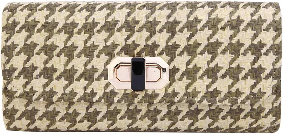 Classic Houndstooth Turnlock Flap Straw Clutch Bag Handbag - Diff Colors