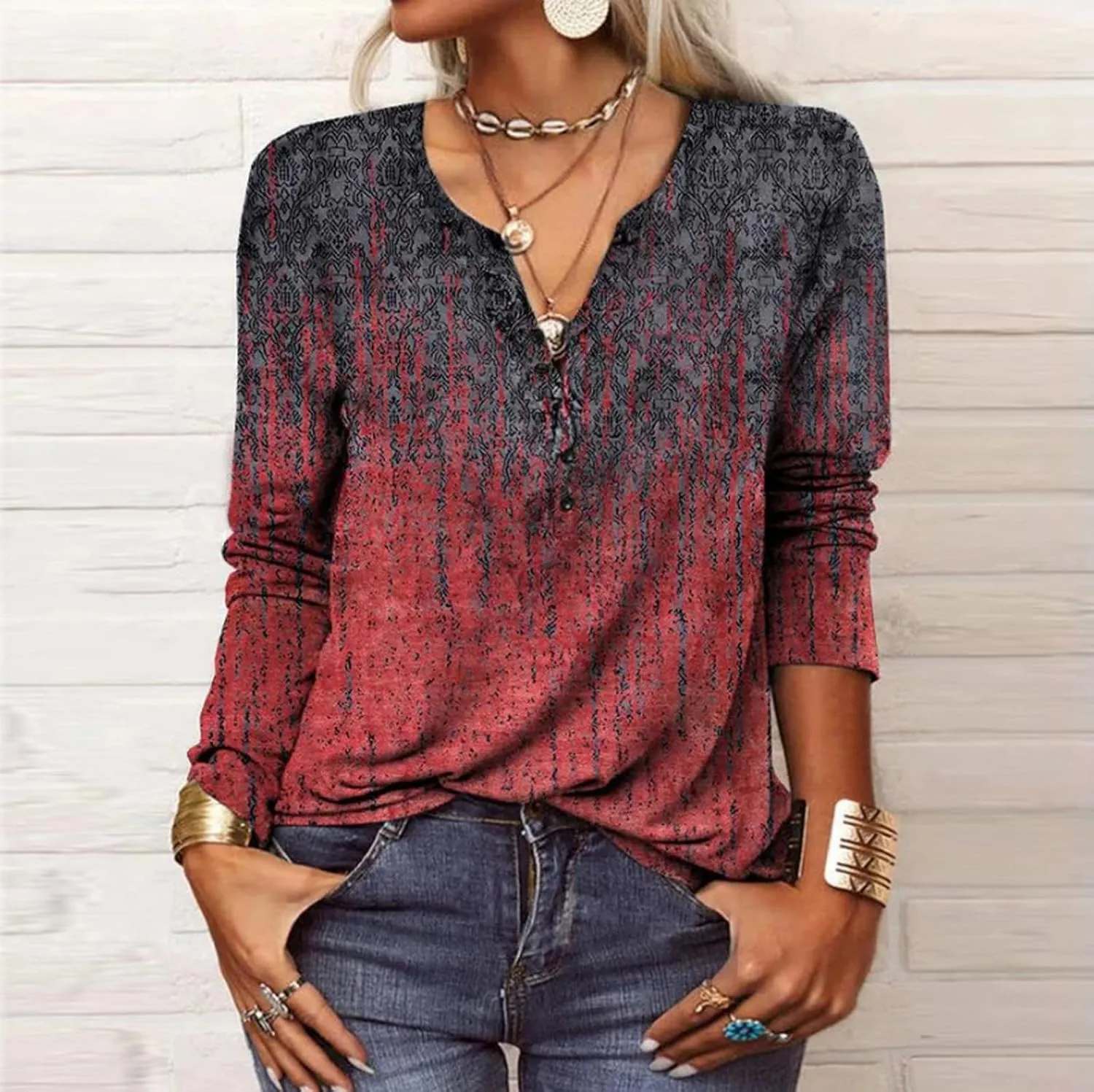 Classic Oversized School Tops for Women Three Quarter Sleeve Summer Floral Softest Tee Thin V Neck Relaxed
