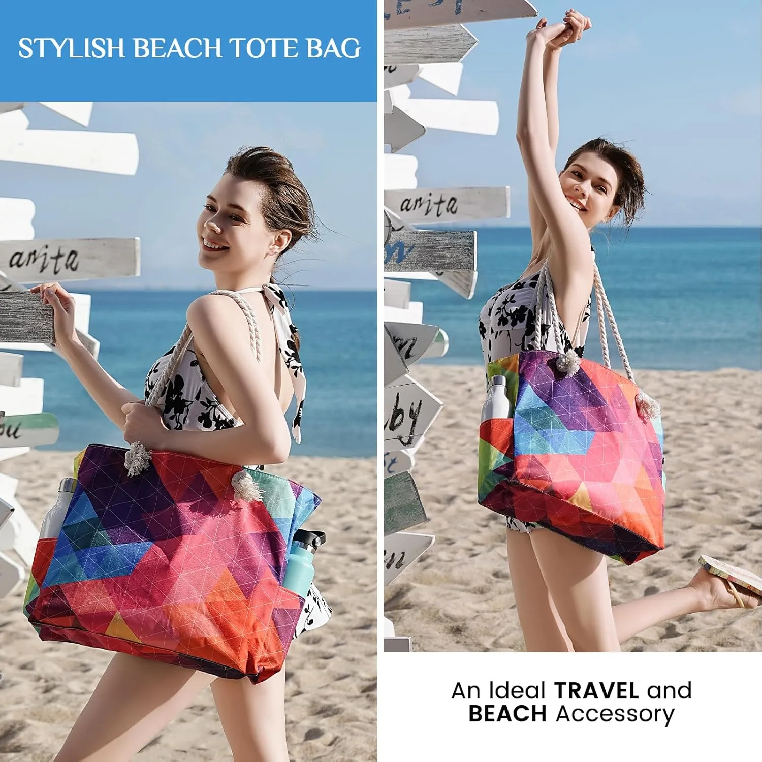 Clothirily Beach Bag for Women - Large Beach Tote Bag, Waterproof Sandproof Beach Bag with Zipper, Large Swim Pool Beach Tote