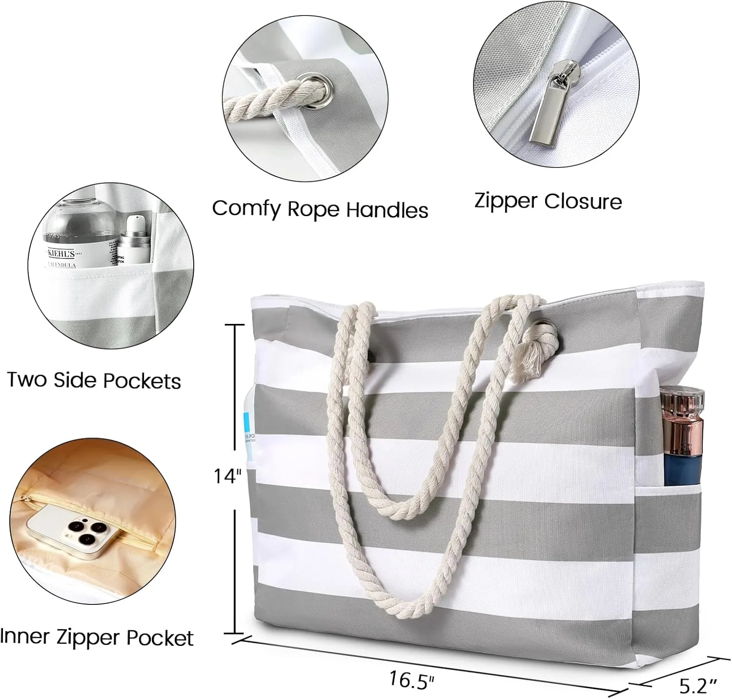 Clothirily Beach Bag for Women - Large Beach Tote Bag, Waterproof Sandproof Beach Bag with Zipper, Large Swim Pool Beach Tote