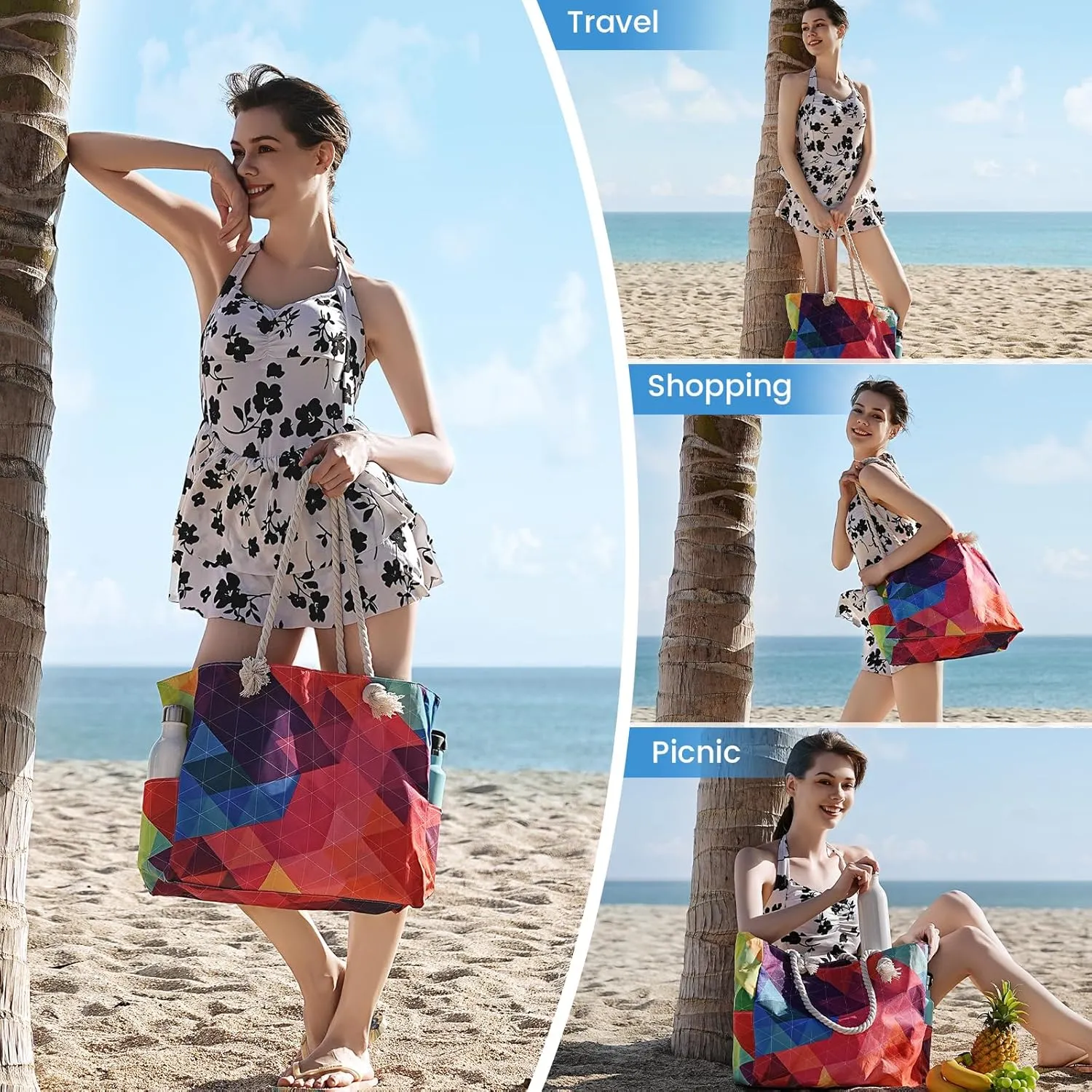 Clothirily Beach Bag for Women - Large Beach Tote Bag, Waterproof Sandproof Beach Bag with Zipper, Large Swim Pool Beach Tote