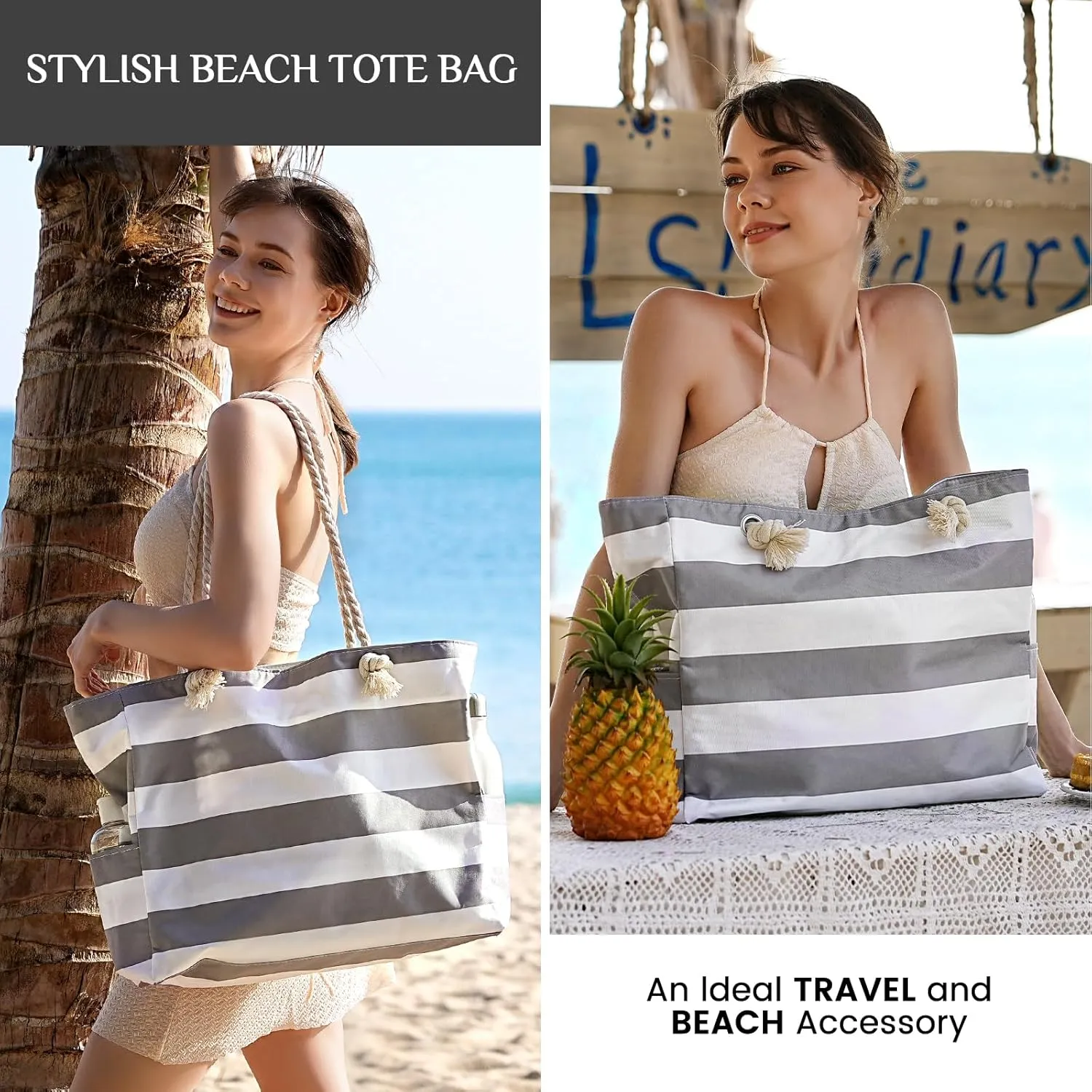 Clothirily Beach Bag for Women - Large Beach Tote Bag, Waterproof Sandproof Beach Bag with Zipper, Large Swim Pool Beach Tote