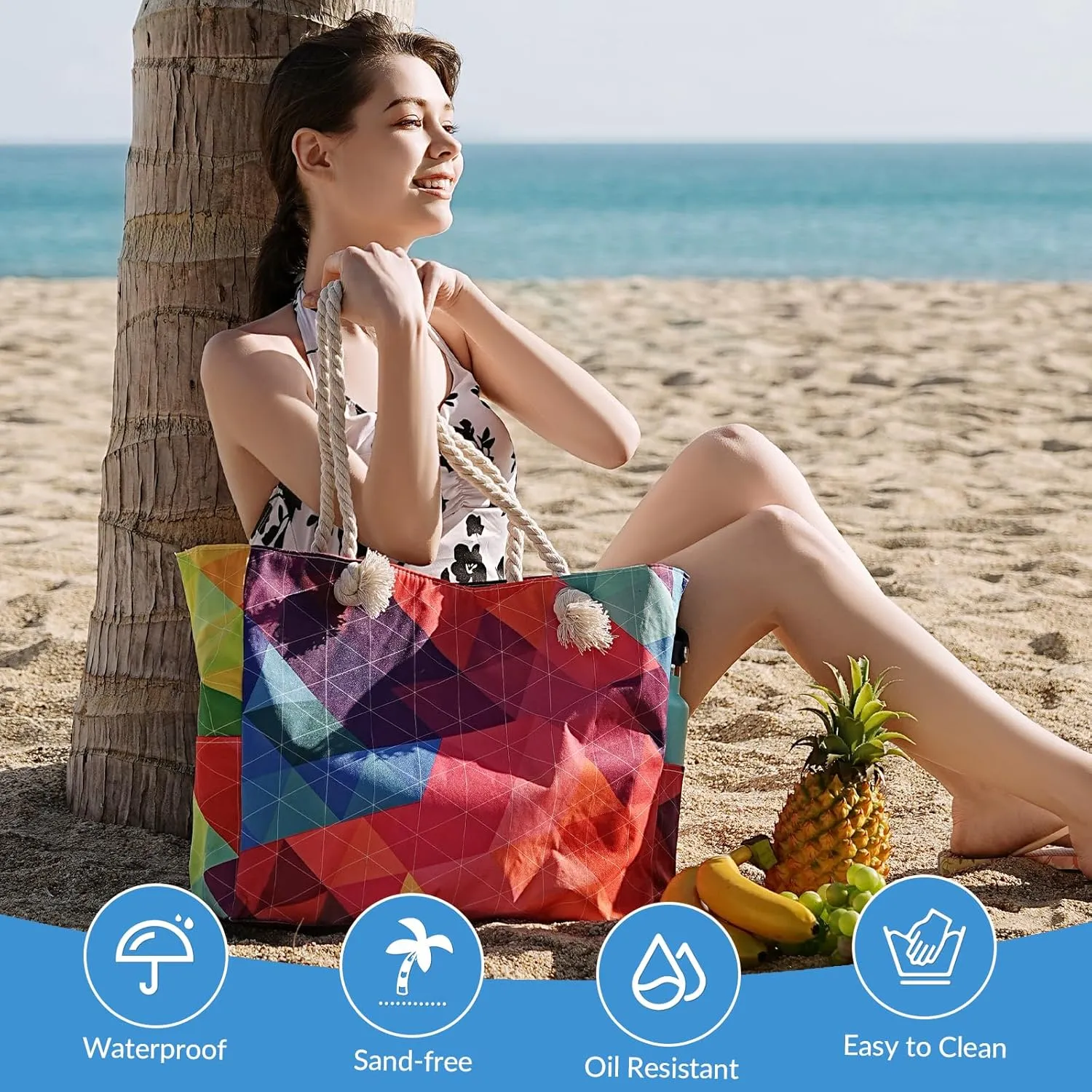 Clothirily Beach Bag for Women - Large Beach Tote Bag, Waterproof Sandproof Beach Bag with Zipper, Large Swim Pool Beach Tote