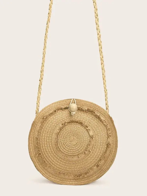 CM-BGS213701 Women Casual Seoul Style Round Straw Crossbody Bag - Beige