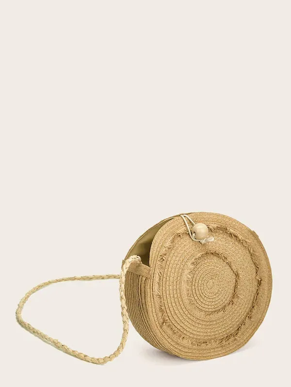 CM-BGS213701 Women Casual Seoul Style Round Straw Crossbody Bag - Beige