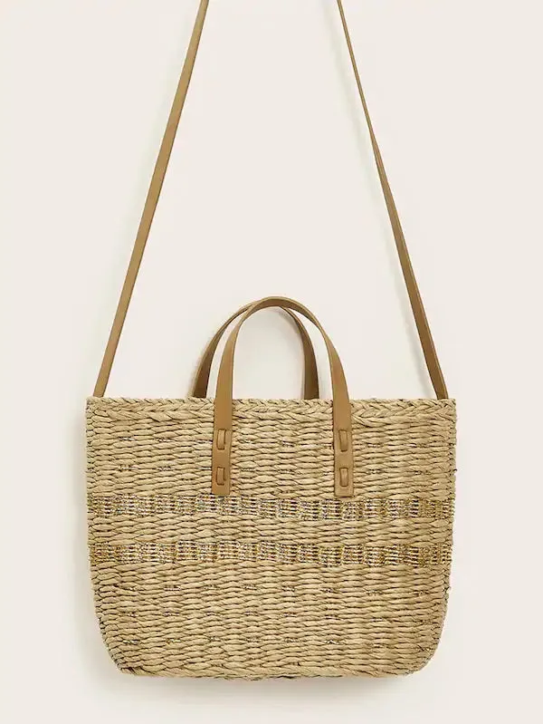 CM-BGS218708 Women Casual Seoul Style Convertible Strap Straw Satchel Bag - Brown