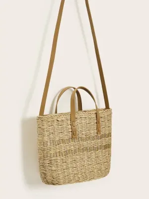 CM-BGS218708 Women Casual Seoul Style Convertible Strap Straw Satchel Bag - Brown