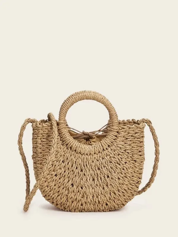 CM-BGS305430 Women Trendy Bohemian Style Shell Decor Braided Satchel Bag - Brown