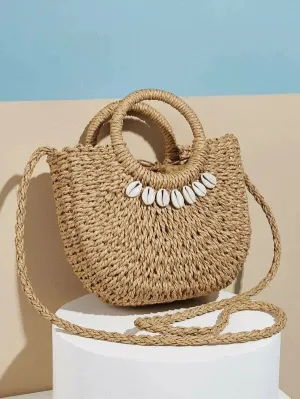 CM-BGS305430 Women Trendy Bohemian Style Shell Decor Braided Satchel Bag - Brown