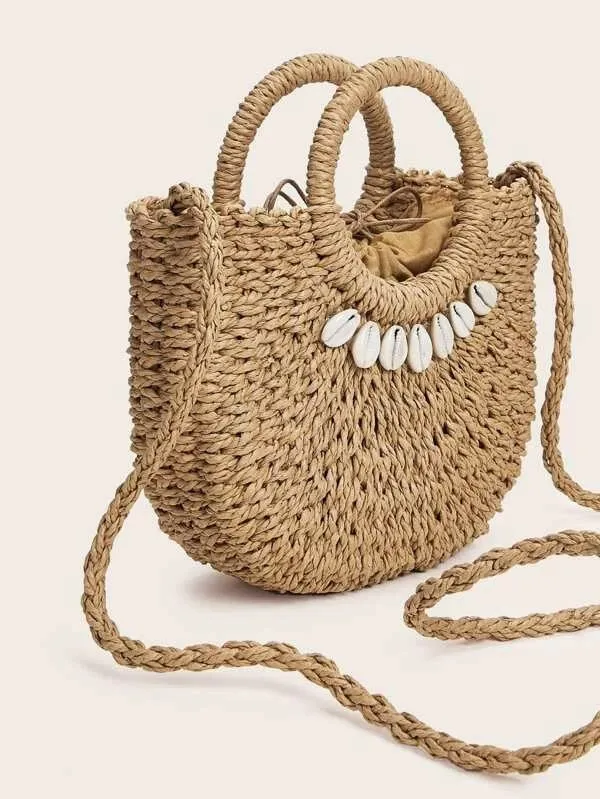 CM-BGS305430 Women Trendy Bohemian Style Shell Decor Braided Satchel Bag - Brown