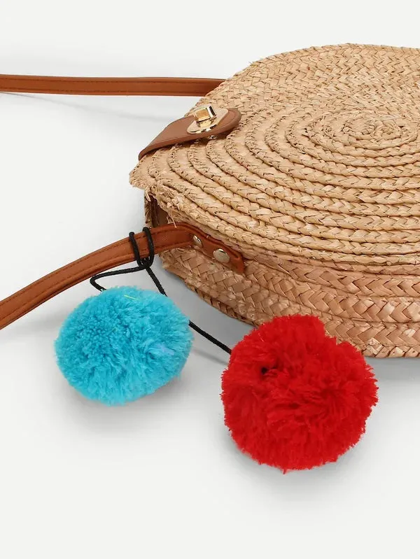 CM-BGS330351 Women Casual Seoul Style Pom Pom Straw Shoulder Bag - Apricot