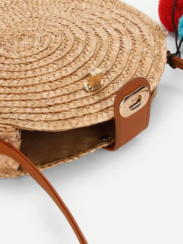 CM-BGS330351 Women Casual Seoul Style Pom Pom Straw Shoulder Bag - Apricot