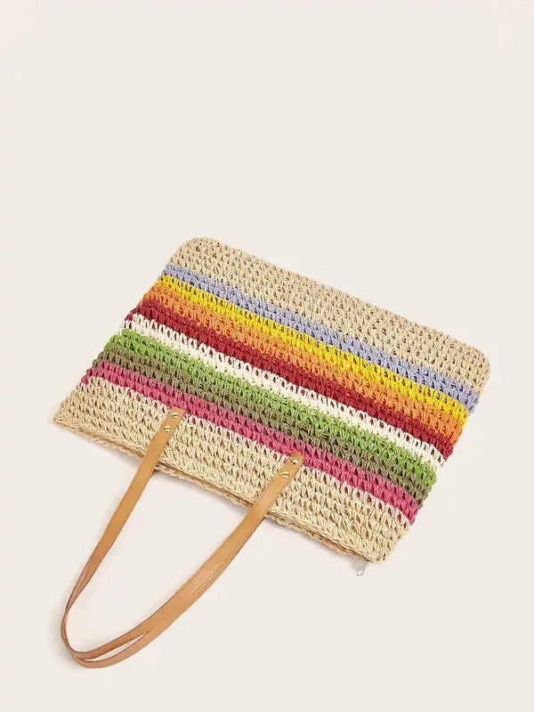 CM-BGS417416 Women Casual Bohemian Style Colorful Straw Tote Bag - Brown
