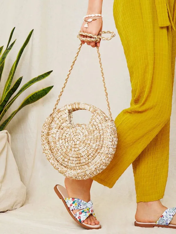 CM-BGS419220 Women Trendy Bohemian Style Straw Braided Round Bag - Beige