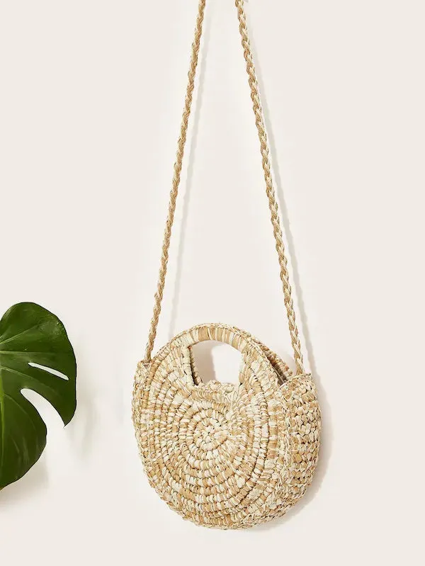 CM-BGS419220 Women Trendy Bohemian Style Straw Braided Round Bag - Beige