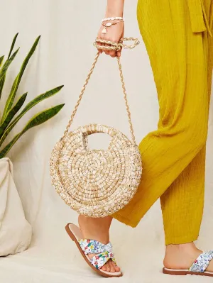 CM-BGS419220 Women Trendy Bohemian Style Straw Braided Round Bag - Beige