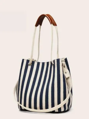 CM-BGS920579 Women Casual Seoul Style Striped Canvas Shoulder Bag