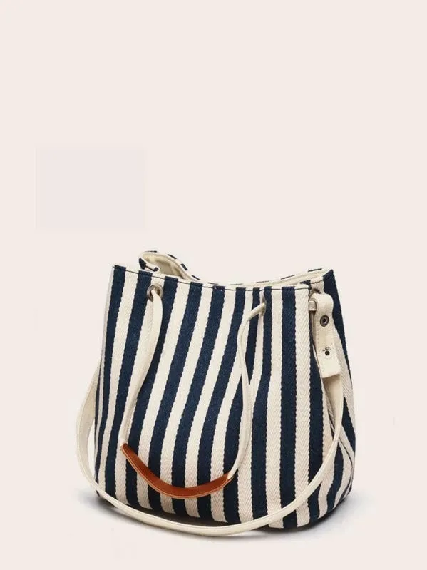 CM-BGS920579 Women Casual Seoul Style Striped Canvas Shoulder Bag
