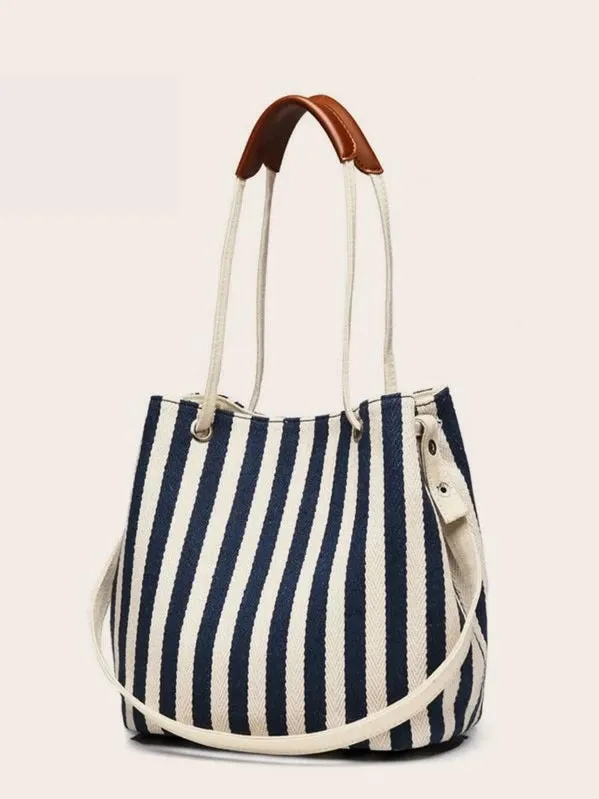 CM-BGS920579 Women Casual Seoul Style Striped Canvas Shoulder Bag
