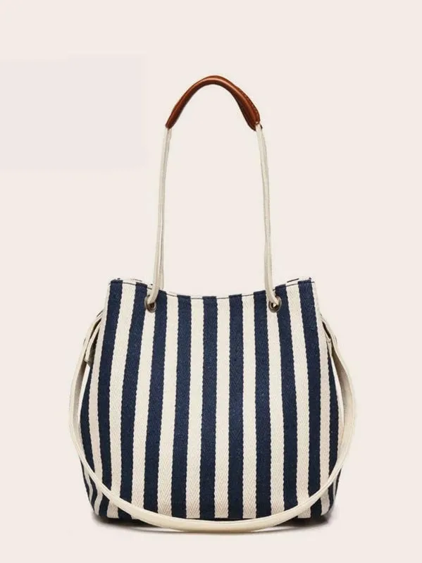CM-BGS920579 Women Casual Seoul Style Striped Canvas Shoulder Bag