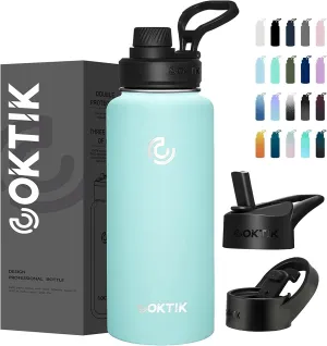 COKTIK 40 oz Sports Water Bottle With Straw,3 Lids, Stainless Steel Vacuum Insulated Water Bottles,Leakproof Lightweight, Keeps Cold and Hot, Great for Travel, Hiking, Biking, Running(Iceberg)