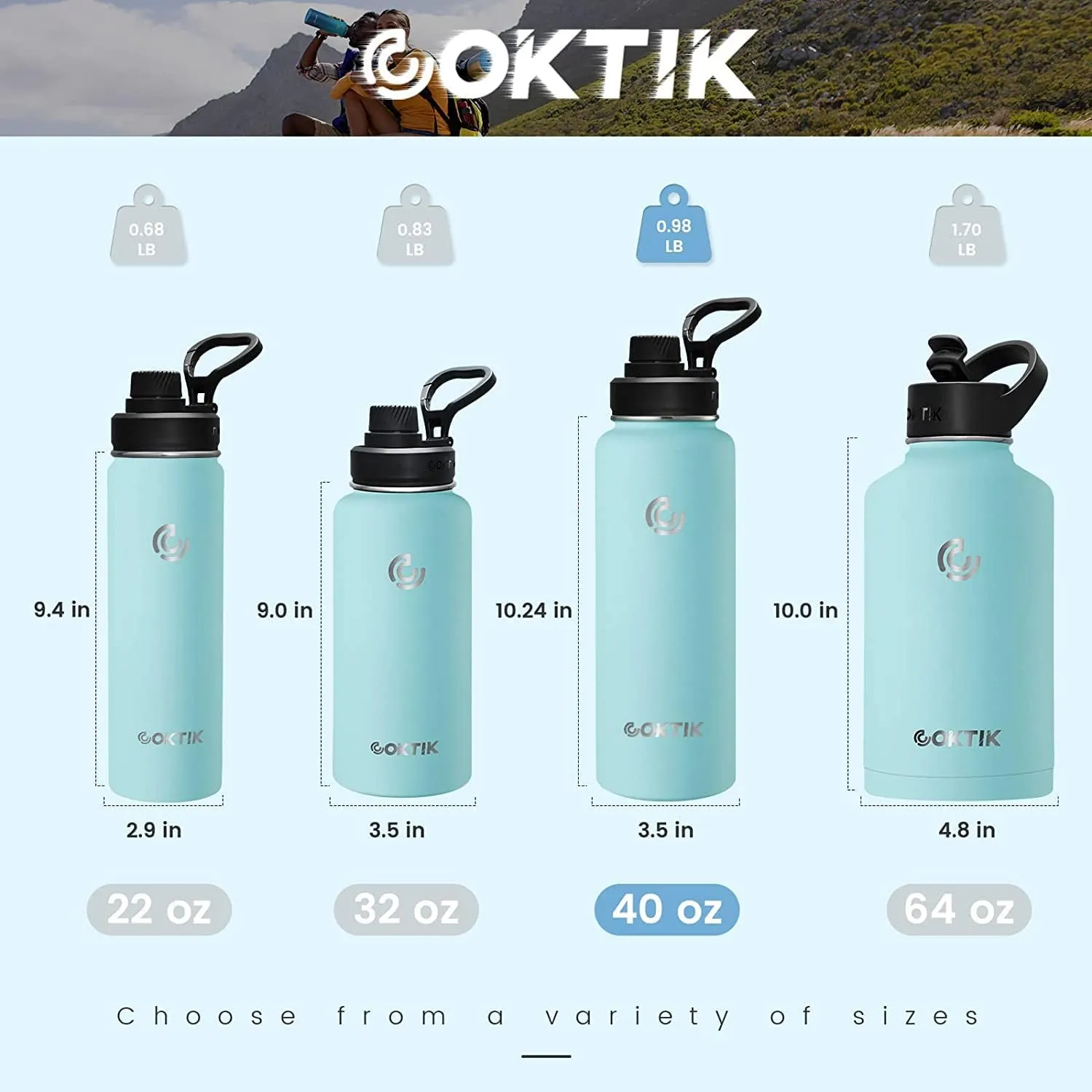 COKTIK 40 oz Sports Water Bottle With Straw,3 Lids, Stainless Steel Vacuum Insulated Water Bottles,Leakproof Lightweight, Keeps Cold and Hot, Great for Travel, Hiking, Biking, Running(Iceberg)