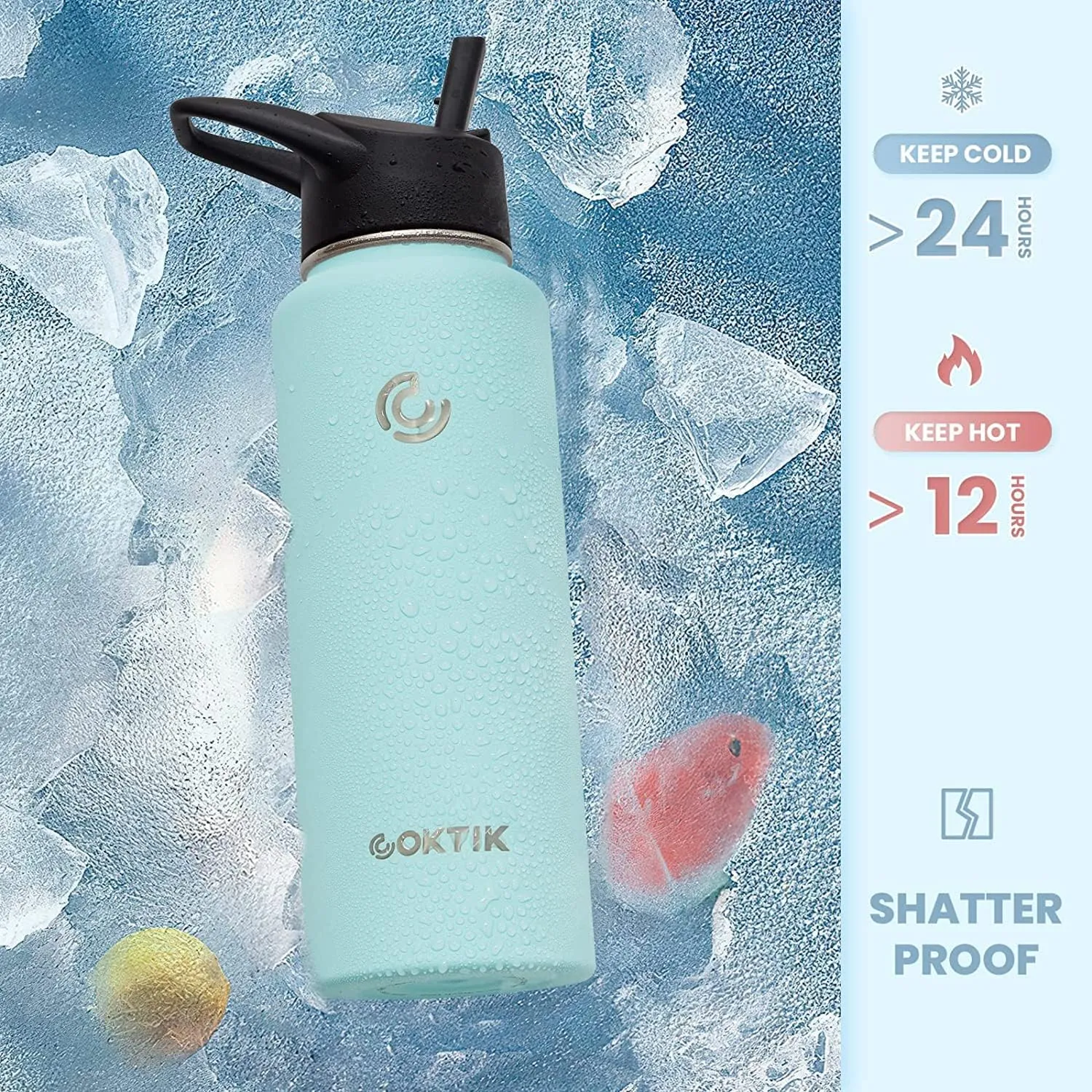 COKTIK 40 oz Sports Water Bottle With Straw,3 Lids, Stainless Steel Vacuum Insulated Water Bottles,Leakproof Lightweight, Keeps Cold and Hot, Great for Travel, Hiking, Biking, Running(Iceberg)