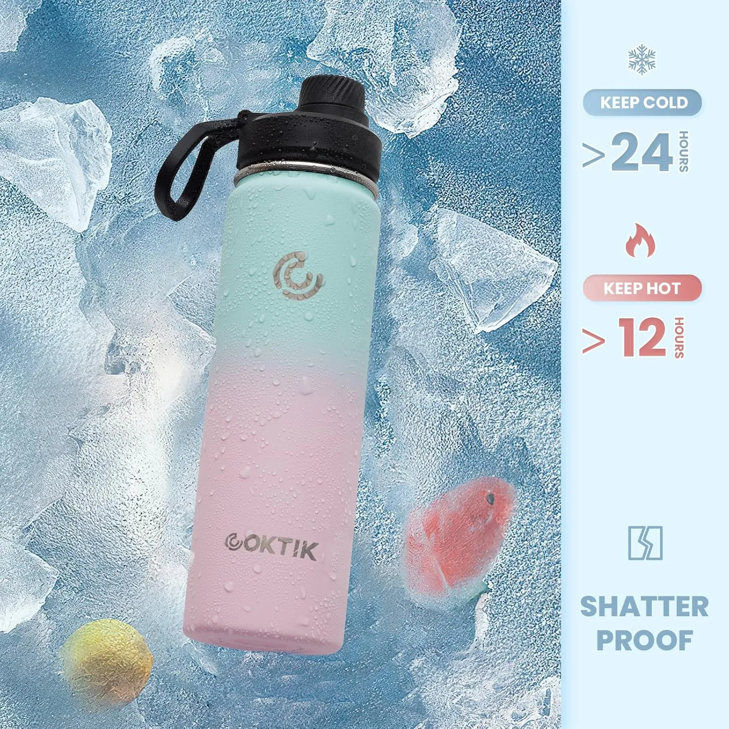COKTIK Insulated Stainless Steel Water Bottle With Straw Lid, 22 oz Wide Mouth Double Wall Vacuum Insulated Water Bottle Leakproof Lightweight for Hiking, Biking, Running(Bubble Gum)