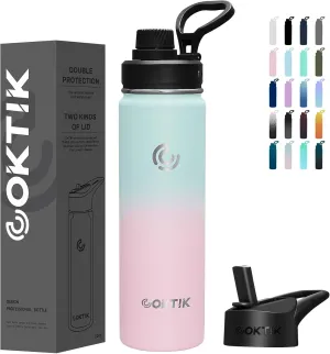 COKTIK Insulated Stainless Steel Water Bottle With Straw Lid, 22 oz Wide Mouth Double Wall Vacuum Insulated Water Bottle Leakproof Lightweight for Hiking, Biking, Running(Bubble Gum)
