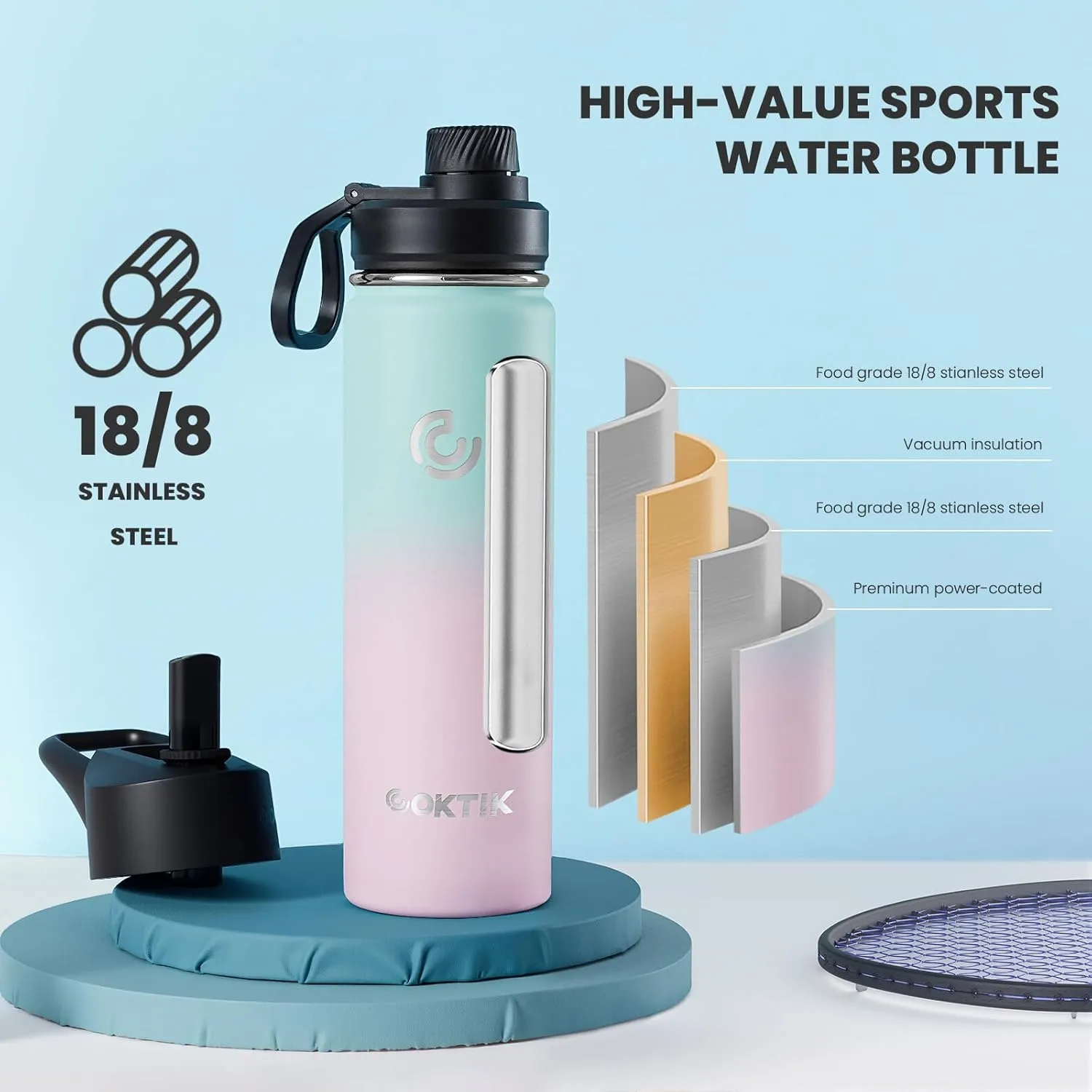 COKTIK Insulated Stainless Steel Water Bottle With Straw Lid, 22 oz Wide Mouth Double Wall Vacuum Insulated Water Bottle Leakproof Lightweight for Hiking, Biking, Running(Bubble Gum)