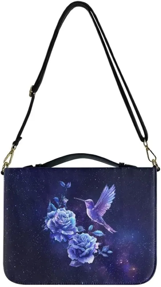 Coldinair Galaxy Bible Cover Case with Shoulder Strap,Hummingbird Flower Carrying Book Case Church Bag Bible Protective with Handle for Women Girls