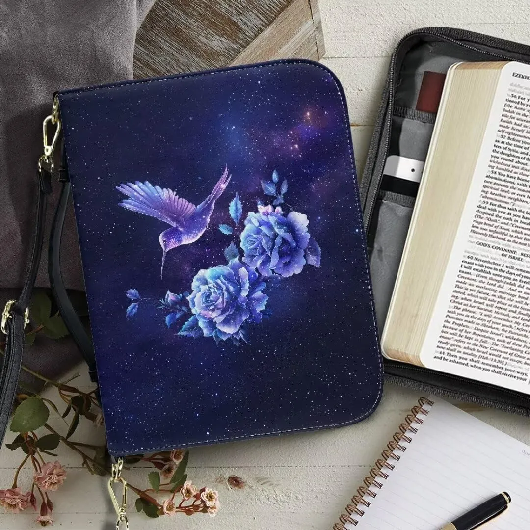 Coldinair Galaxy Bible Cover Case with Shoulder Strap,Hummingbird Flower Carrying Book Case Church Bag Bible Protective with Handle for Women Girls