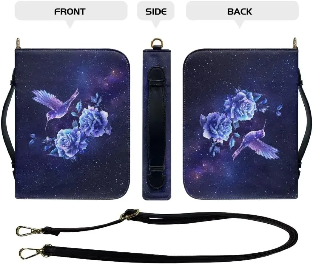 Coldinair Galaxy Bible Cover Case with Shoulder Strap,Hummingbird Flower Carrying Book Case Church Bag Bible Protective with Handle for Women Girls