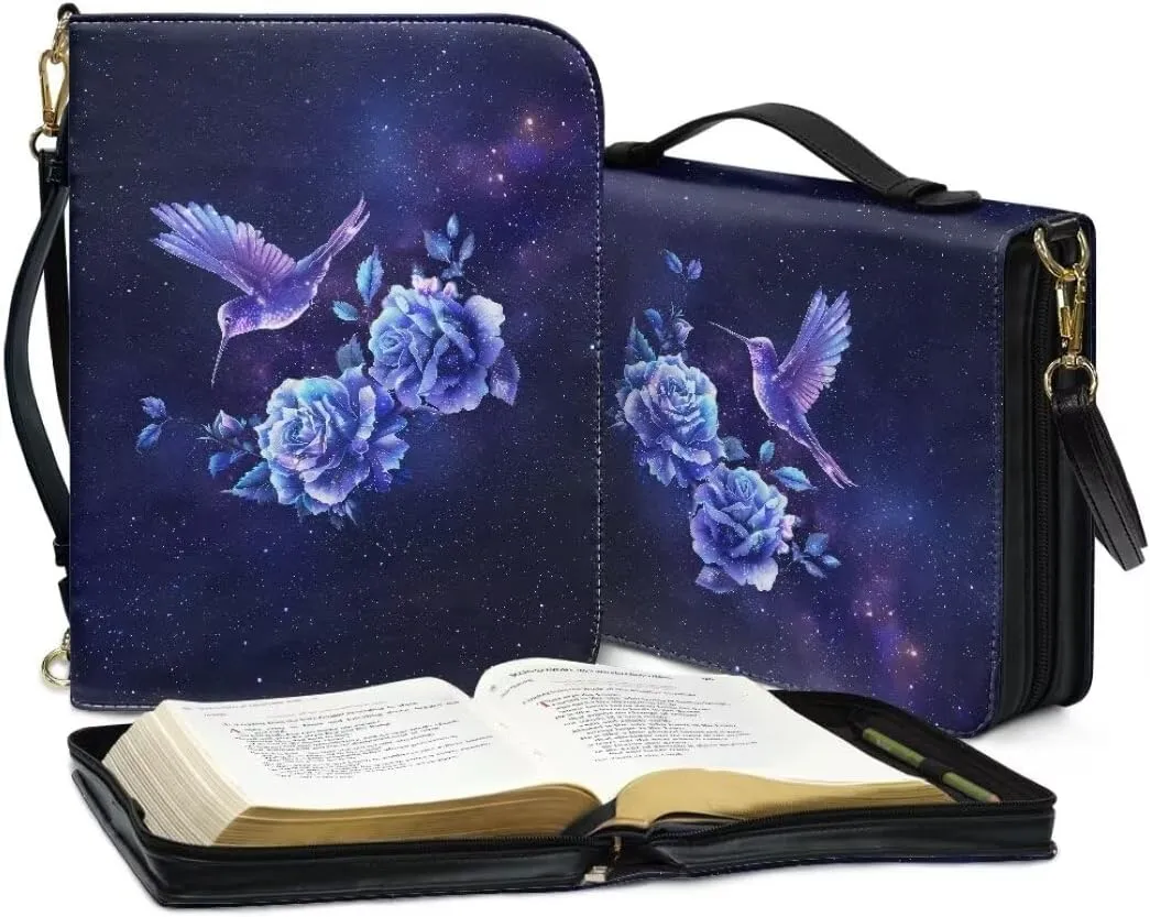 Coldinair Galaxy Bible Cover Case with Shoulder Strap,Hummingbird Flower Carrying Book Case Church Bag Bible Protective with Handle for Women Girls