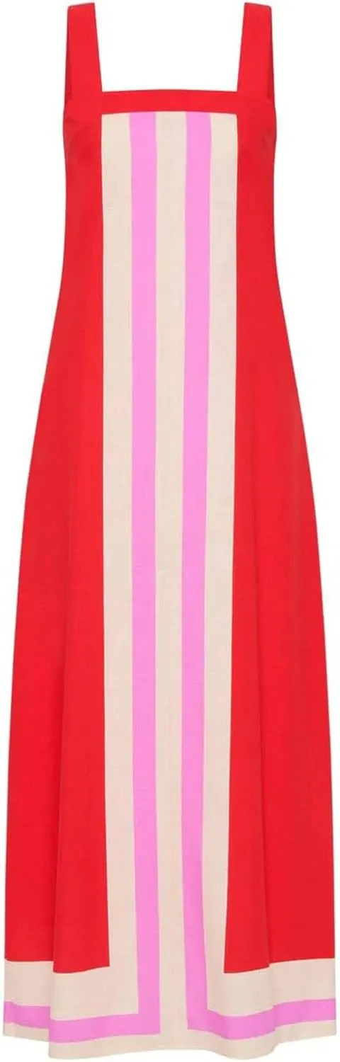 Color Block Dress for Women Sleeveless Boho Shoulder Strap Striped Flowy Beach Casual Summer Cover Up Maxi Long Dress