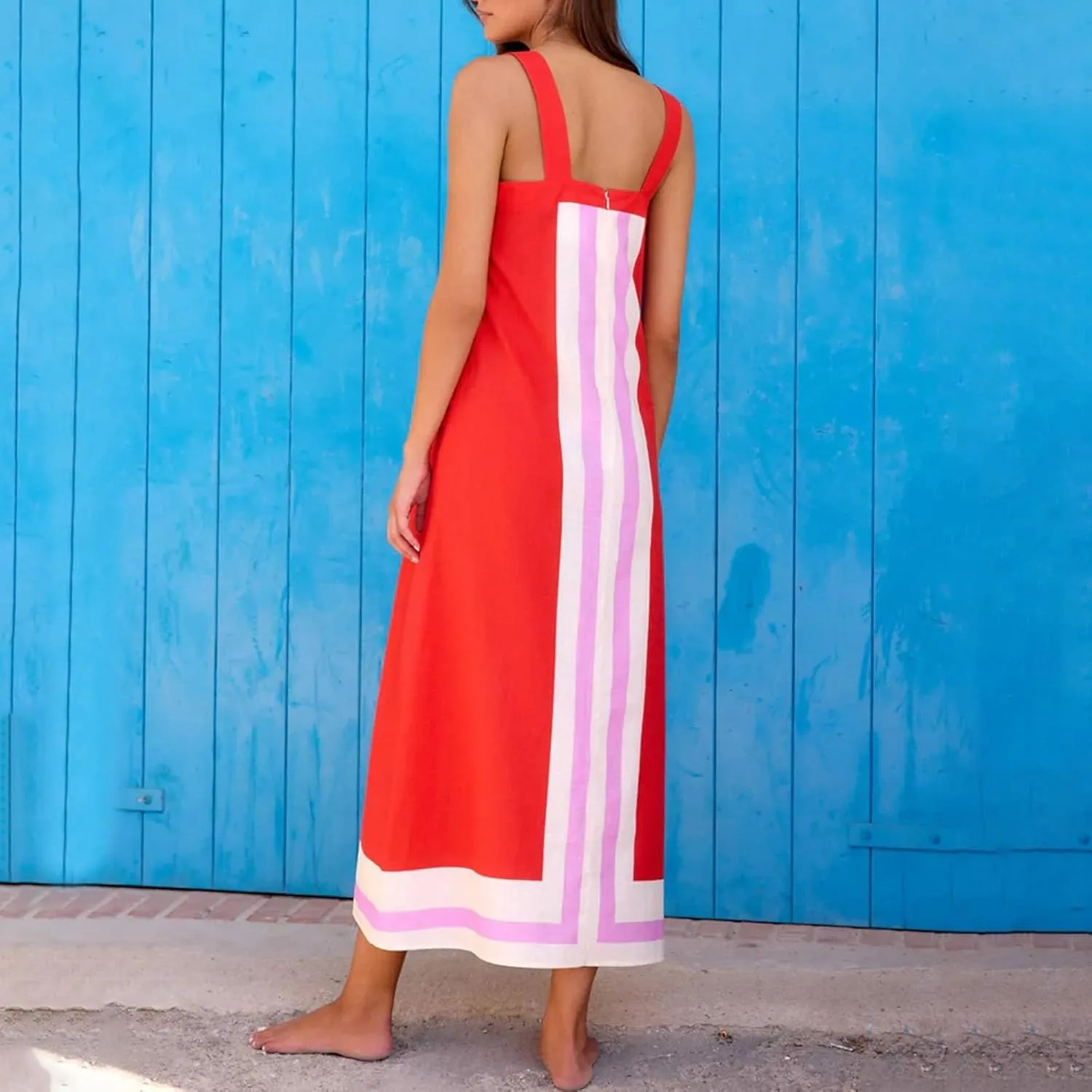 Color Block Dress for Women Sleeveless Boho Shoulder Strap Striped Flowy Beach Casual Summer Cover Up Maxi Long Dress