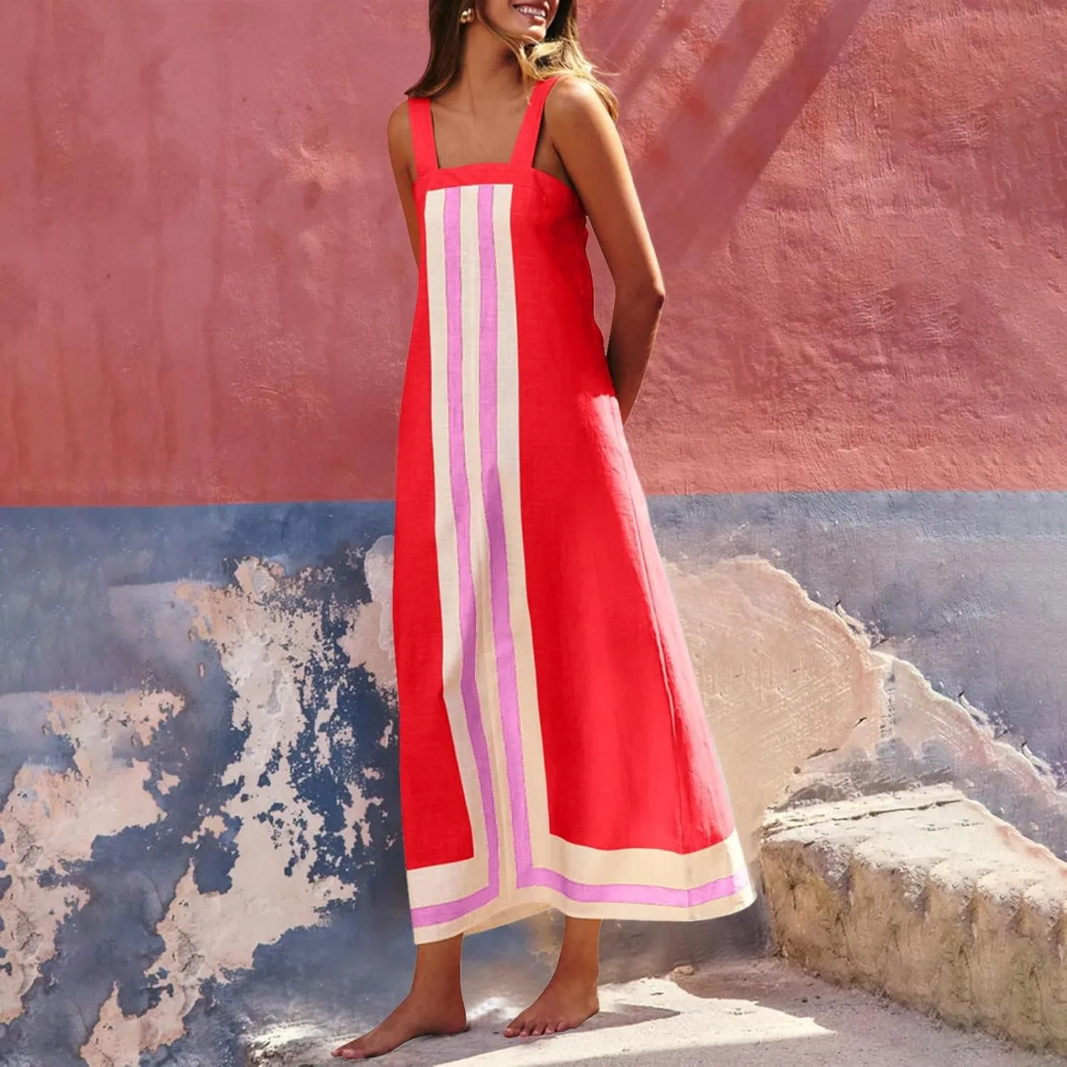Color Block Dress for Women Sleeveless Boho Shoulder Strap Striped Flowy Beach Casual Summer Cover Up Maxi Long Dress
