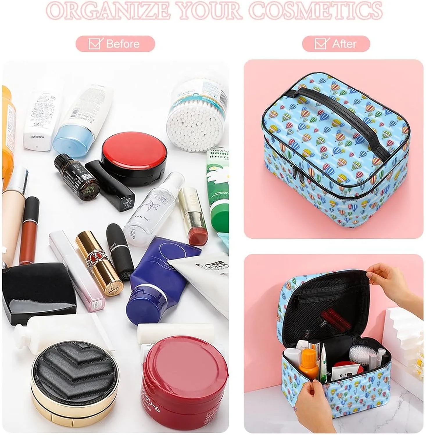 Colorful Hot Air Balloons Cosmetic Bag For Women Travel Make Up Bags Skincare Toiletry Storage Organizer Mens Holiday Waterproof Soft Leather Makeup Box With Handle Compartments