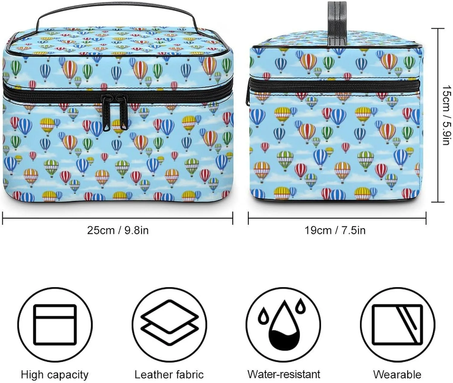 Colorful Hot Air Balloons Cosmetic Bag For Women Travel Make Up Bags Skincare Toiletry Storage Organizer Mens Holiday Waterproof Soft Leather Makeup Box With Handle Compartments
