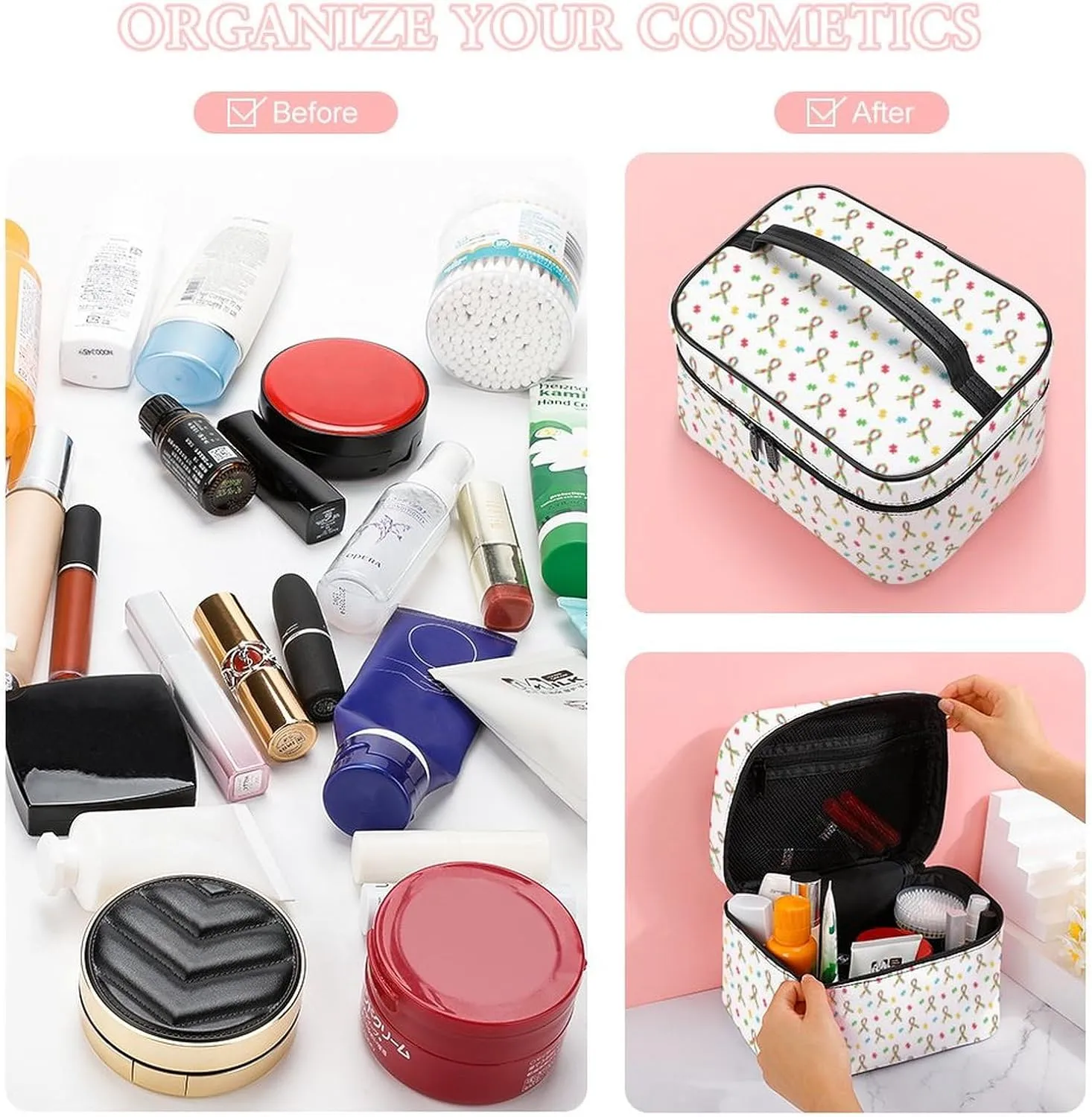 Colorful Puzzle Ribbon Autism Awareness Cosmetic Bag For Women Travel Make Up Bags Skincare Toiletry Storage Organizer Mens Holiday Waterproof Soft Leather Makeup Box With Handle Compartments