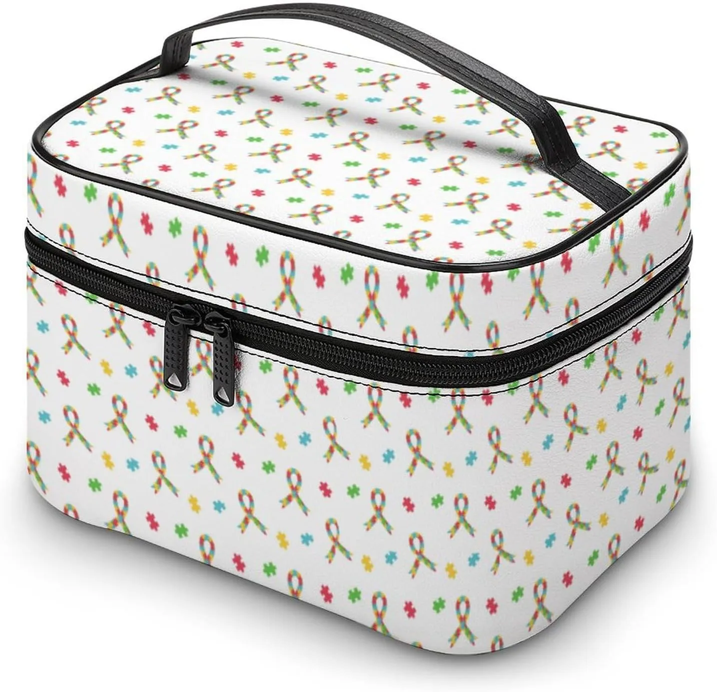 Colorful Puzzle Ribbon Autism Awareness Cosmetic Bag For Women Travel Make Up Bags Skincare Toiletry Storage Organizer Mens Holiday Waterproof Soft Leather Makeup Box With Handle Compartments