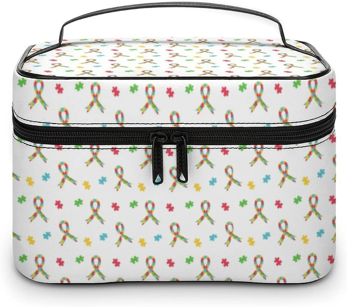Colorful Puzzle Ribbon Autism Awareness Cosmetic Bag For Women Travel Make Up Bags Skincare Toiletry Storage Organizer Mens Holiday Waterproof Soft Leather Makeup Box With Handle Compartments