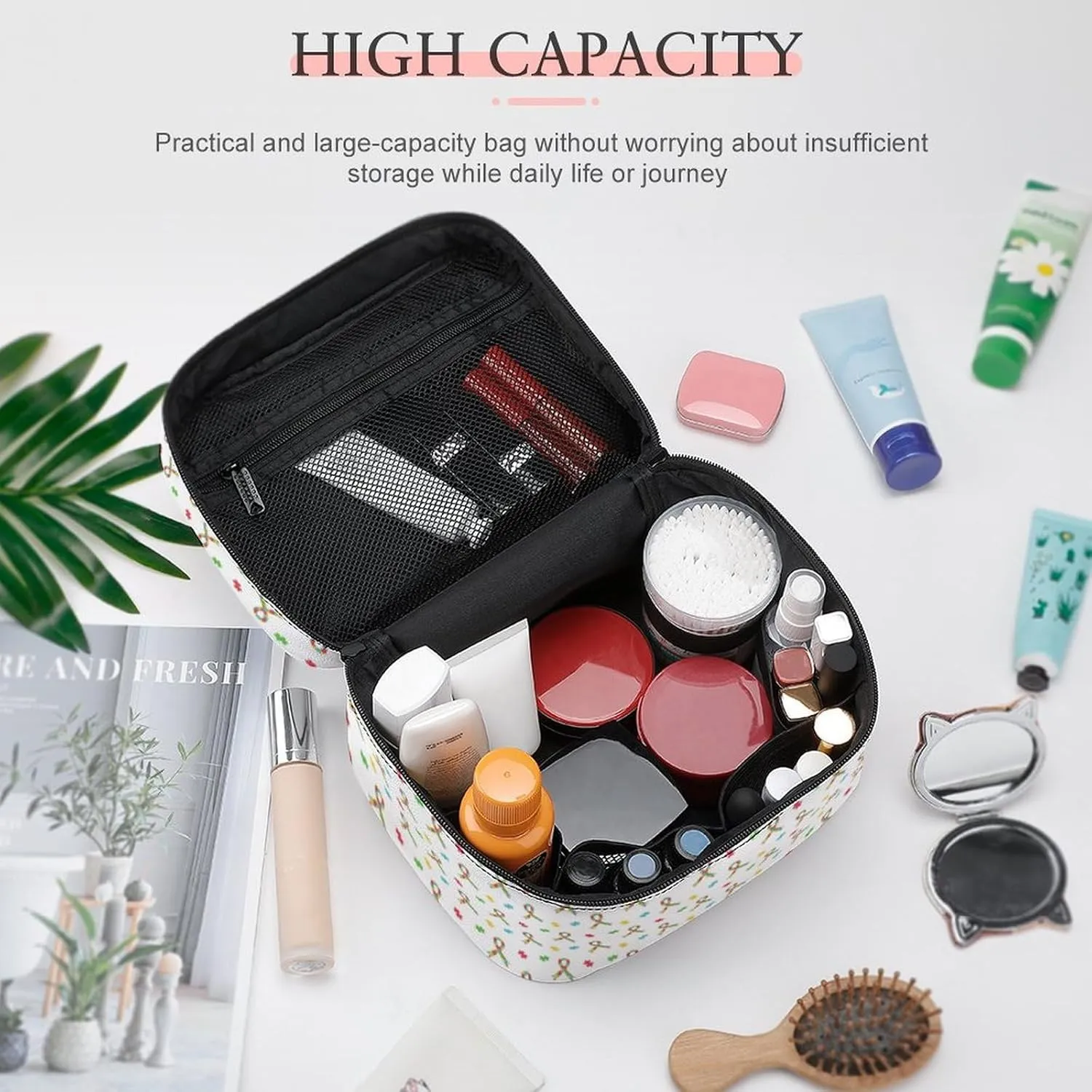 Colorful Puzzle Ribbon Autism Awareness Cosmetic Bag For Women Travel Make Up Bags Skincare Toiletry Storage Organizer Mens Holiday Waterproof Soft Leather Makeup Box With Handle Compartments