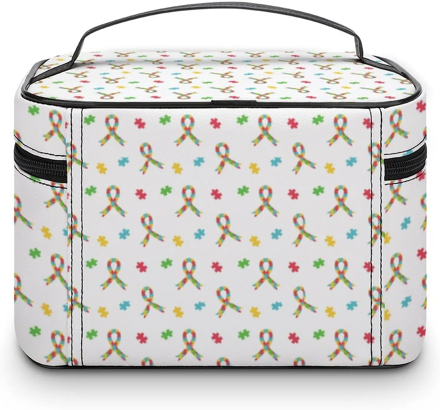 Colorful Puzzle Ribbon Autism Awareness Cosmetic Bag For Women Travel Make Up Bags Skincare Toiletry Storage Organizer Mens Holiday Waterproof Soft Leather Makeup Box With Handle Compartments