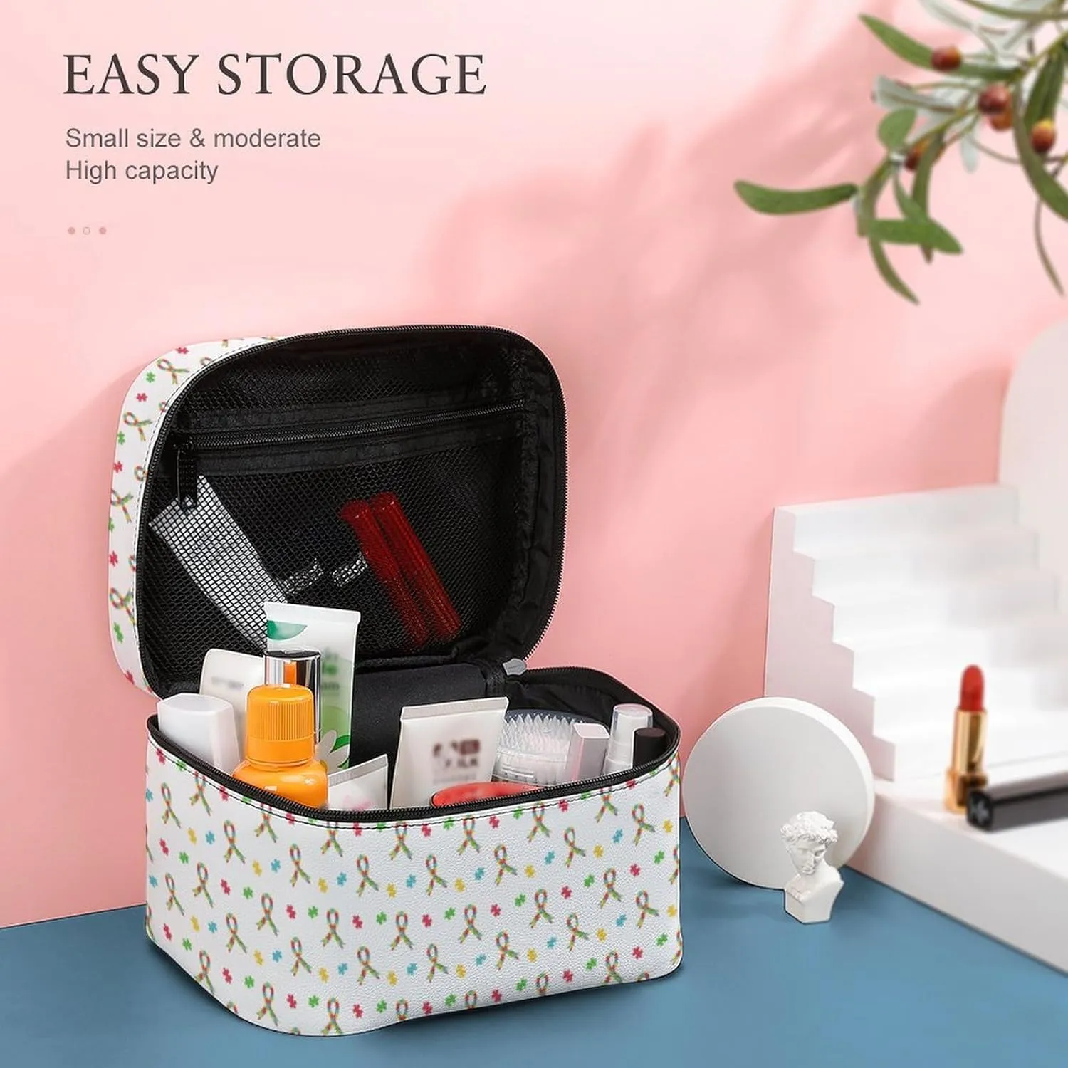 Colorful Puzzle Ribbon Autism Awareness Cosmetic Bag For Women Travel Make Up Bags Skincare Toiletry Storage Organizer Mens Holiday Waterproof Soft Leather Makeup Box With Handle Compartments