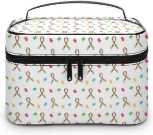 Colorful Puzzle Ribbon Autism Awareness Cosmetic Bag For Women Travel Make Up Bags Skincare Toiletry Storage Organizer Mens Holiday Waterproof Soft Leather Makeup Box With Handle Compartments
