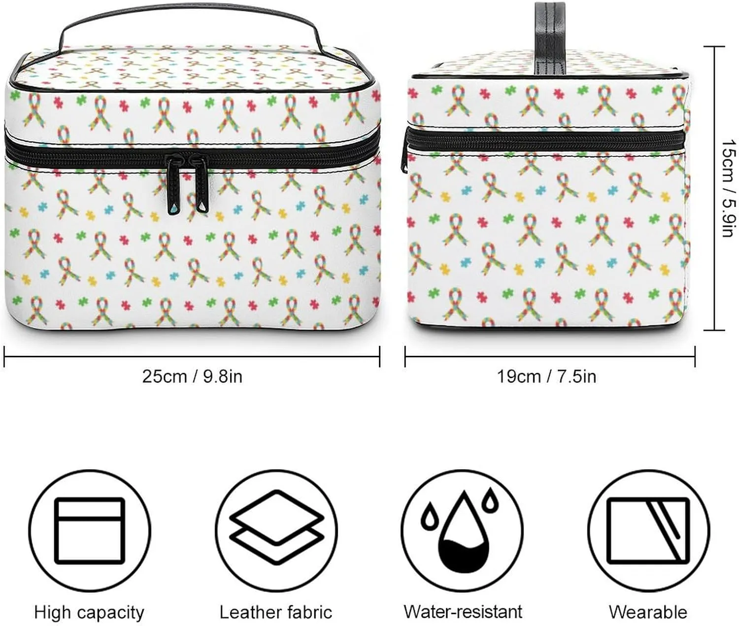 Colorful Puzzle Ribbon Autism Awareness Cosmetic Bag For Women Travel Make Up Bags Skincare Toiletry Storage Organizer Mens Holiday Waterproof Soft Leather Makeup Box With Handle Compartments