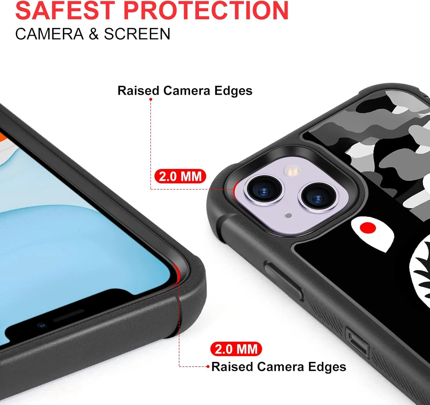 Compatible with iPhone 13 Case iPhone 14 Case Cool Camo Black White Shark Street Fashion Design for Boys, 3-Layer Rugged Shockproof Hard Plastic Bumper Silicone Rubber Heavy Duty Protection Cover