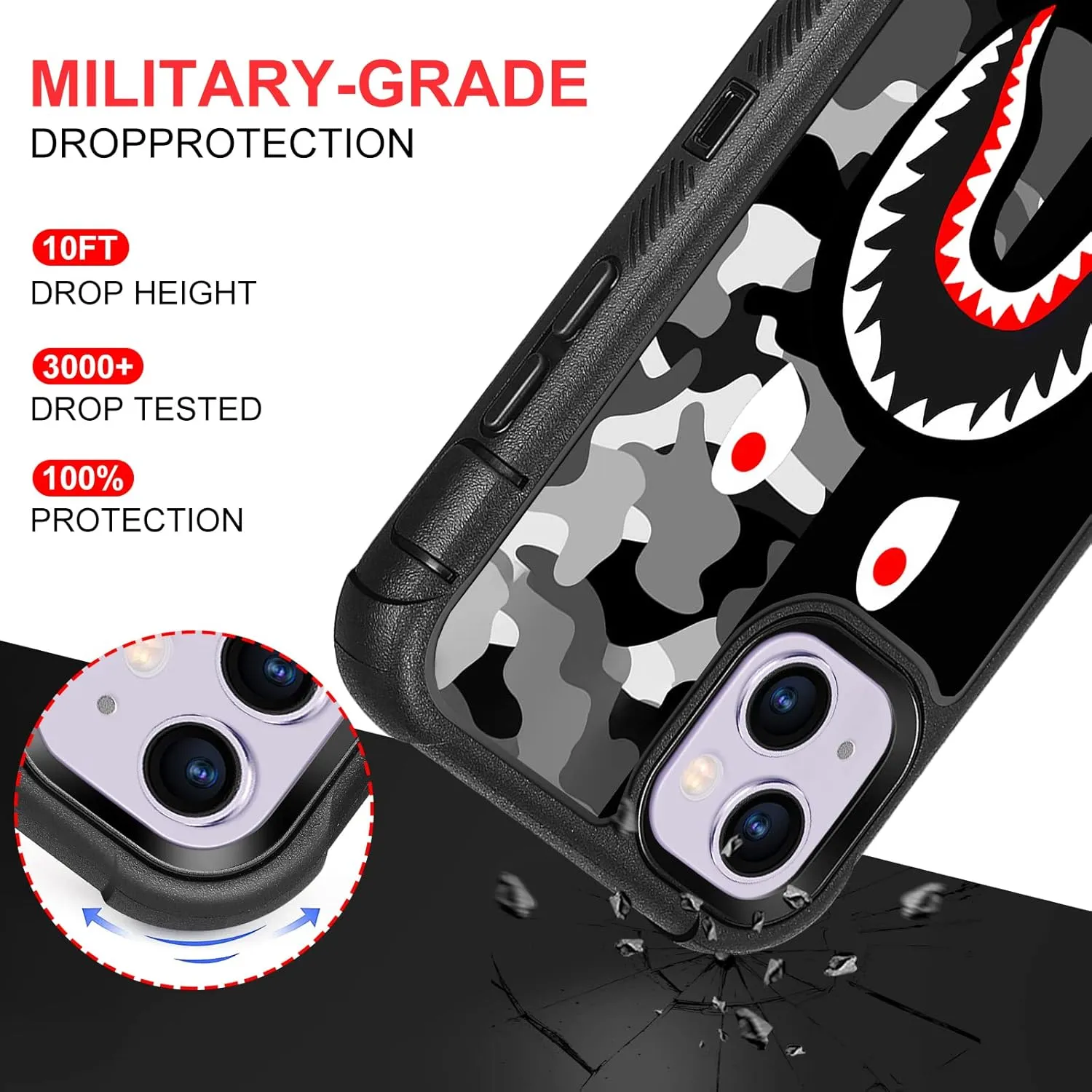 Compatible with iPhone 13 Case iPhone 14 Case Cool Camo Black White Shark Street Fashion Design for Boys, 3-Layer Rugged Shockproof Hard Plastic Bumper Silicone Rubber Heavy Duty Protection Cover