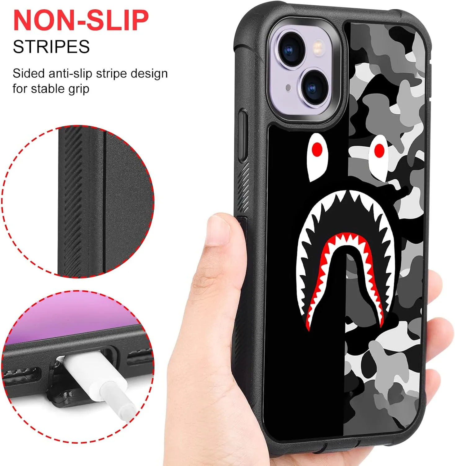 Compatible with iPhone 13 Case iPhone 14 Case Cool Camo Black White Shark Street Fashion Design for Boys, 3-Layer Rugged Shockproof Hard Plastic Bumper Silicone Rubber Heavy Duty Protection Cover